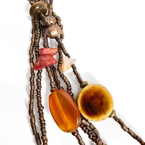 Coldwater Creek Carnelian Agate Tiger’s Eye Multi Strand Necklace Boho Bronze - Picture 6 of 9